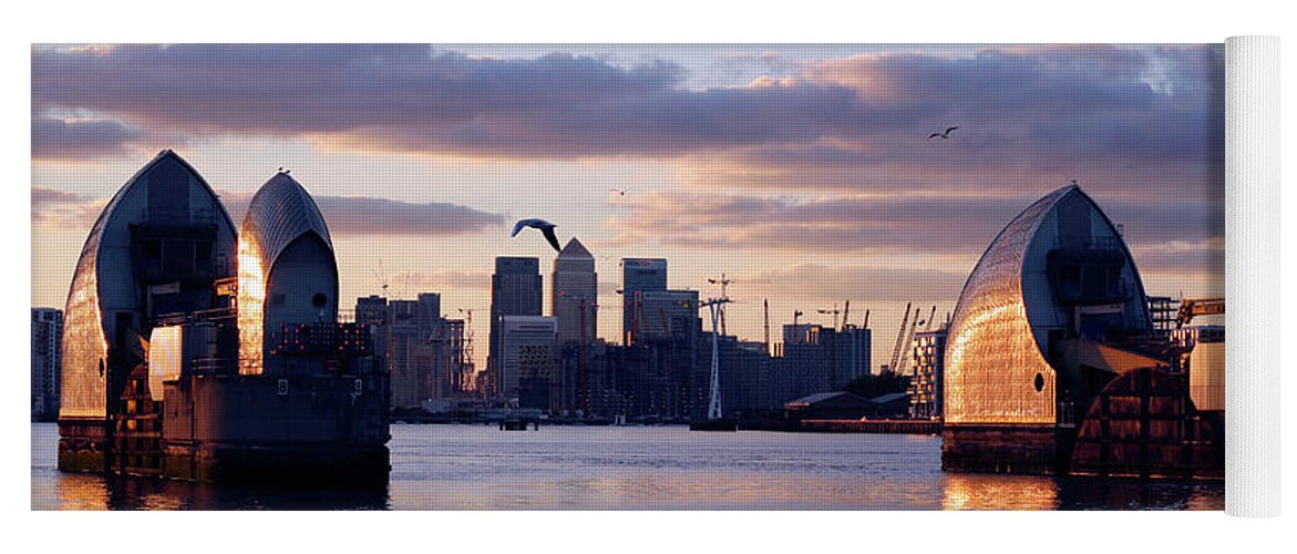Cityscape Yoga Mat featuring the photograph Thames Barrier and seagulls by Helga Novelli