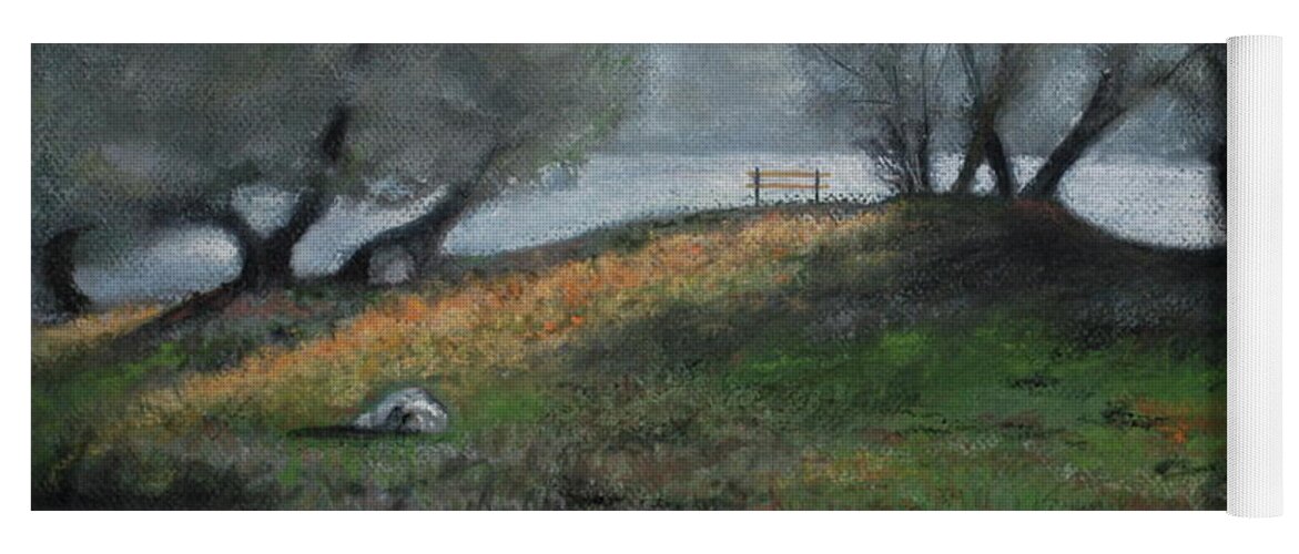 Foggy Day Yoga Mat featuring the pastel The Bench by Sandra Lee Scott