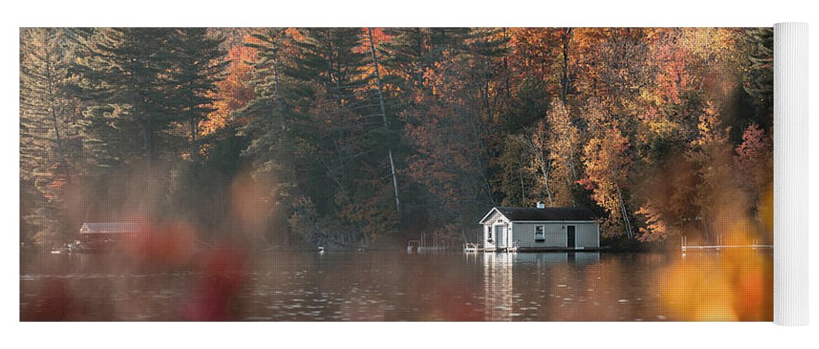 Lake Placid Yoga Mat featuring the photograph The Boathouse by Dave Niedbala