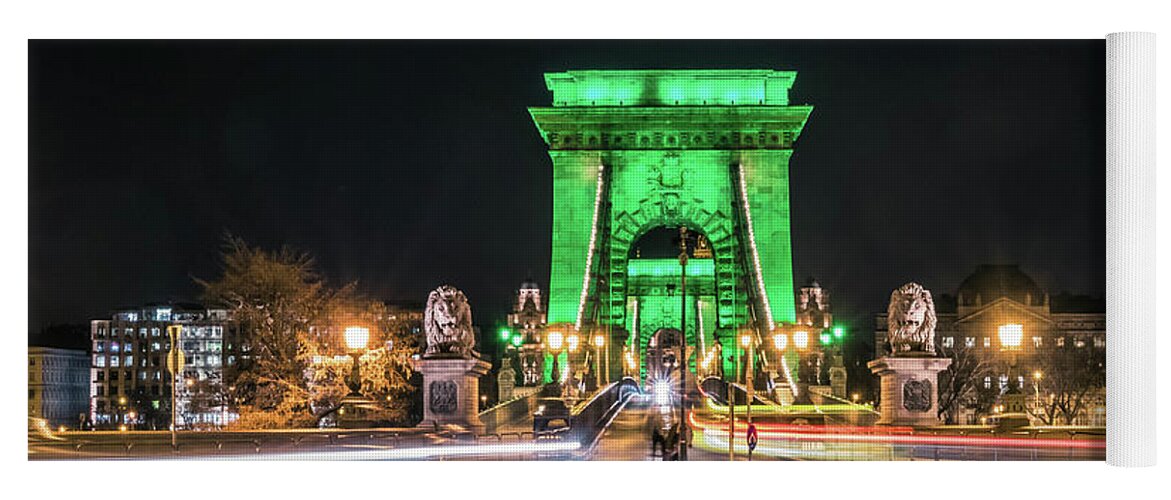 Budapest Yoga Mat featuring the photograph The Chain Bridge in Budapest illuminated in Kelly Green for St. Patrick's Day. by Tito Slack
