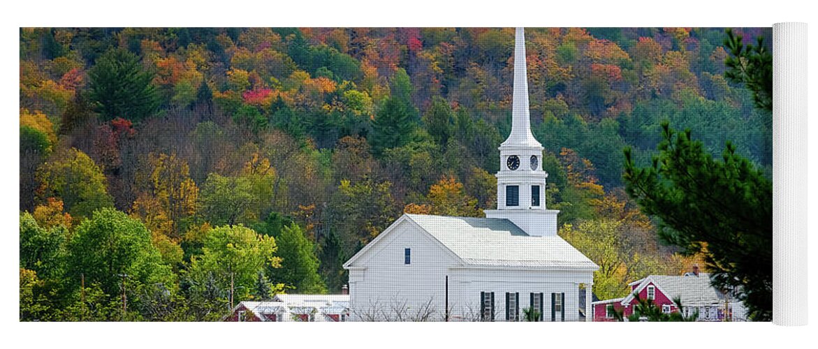 The Community Church In Stowe Vermont Yoga Mat featuring the photograph The Community Church in Stowe, Vermont in Fall Foliage by Robert Bellomy