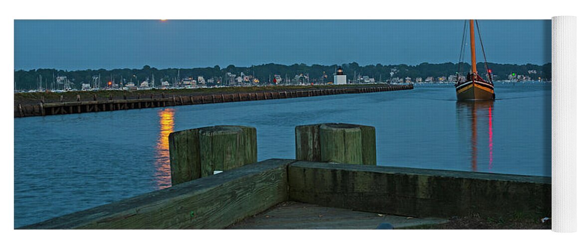 Salem Yoga Mat featuring the photograph The Full Moon Rises over Derby Wharf Salem Massachusetts by Toby McGuire