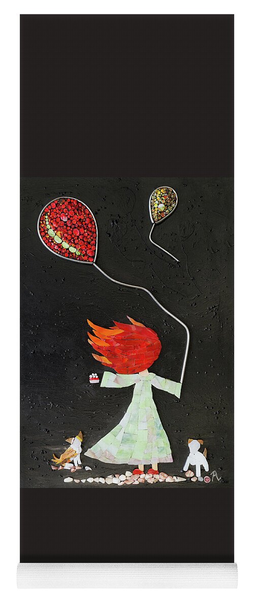 Girl Yoga Mat featuring the glass art The girl with two balloons and two small dogs by Adriana Zoon