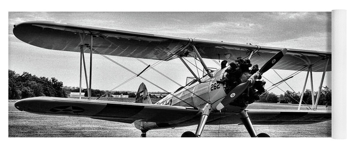 Paul Ward Yoga Mat featuring the photograph The Golden Age of Flight US NAVY Biplane Trainer black and white by Paul Ward