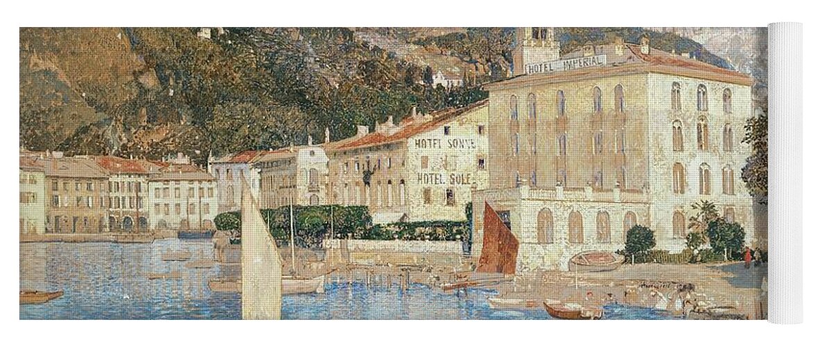 Vintage Yoga Mat featuring the painting The Harbour of Riva on Lake Garda, c. 1912 by MotionAge Designs