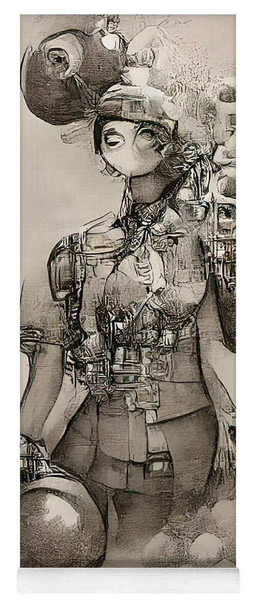 Abstract Yoga Mat featuring the digital art The Iron Maiden of Steampunk Winery AI BW by Floyd Snyder