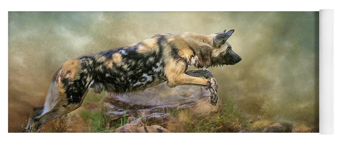African Wild Dog Yoga Mat featuring the digital art The Leap by Nicole Wilde