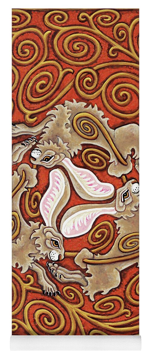 Hare Yoga Mat featuring the painting The Legend of Hare Terra. Knotted Hare. Illuminated Metalwork. Citrine Enamel and Gold. by Amy E Fraser