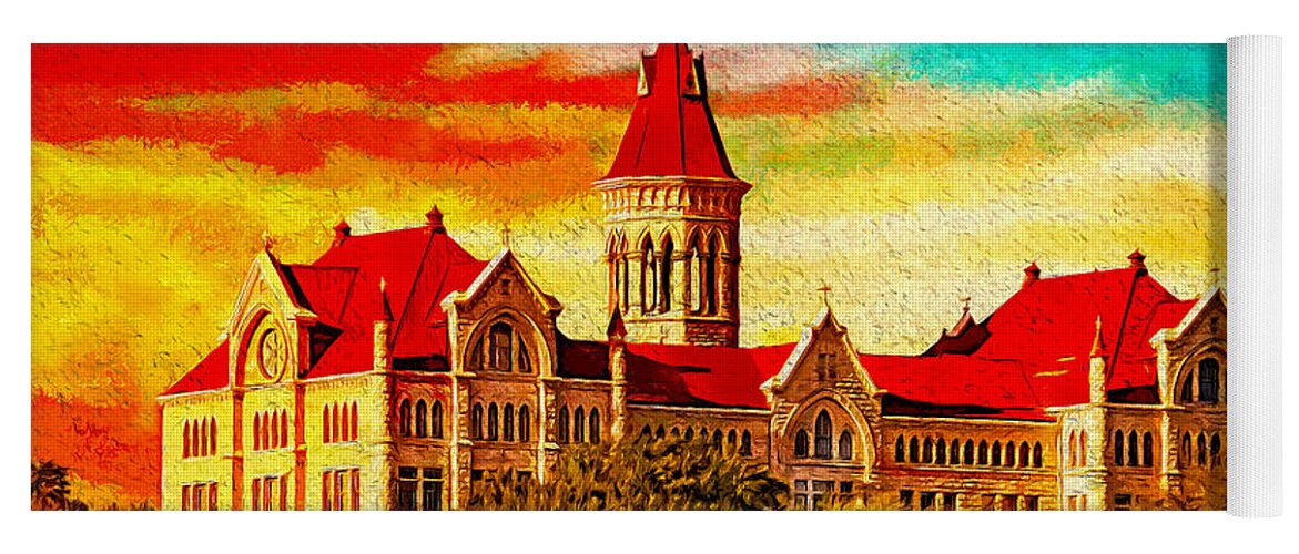Main Building Yoga Mat featuring the digital art The Main Building of St. Edward's University in Austin, Texas, at sunset - digital painting by Nicko Prints