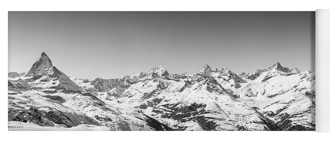 Alpine Yoga Mat featuring the photograph The Matterhorn and Swiss Mountains Panorama BW by Rick Deacon