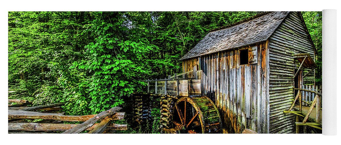 Barns Yoga Mat featuring the photograph The Mill and Fences at Cades Cove Townsend Tennessee by Debra and Dave Vanderlaan