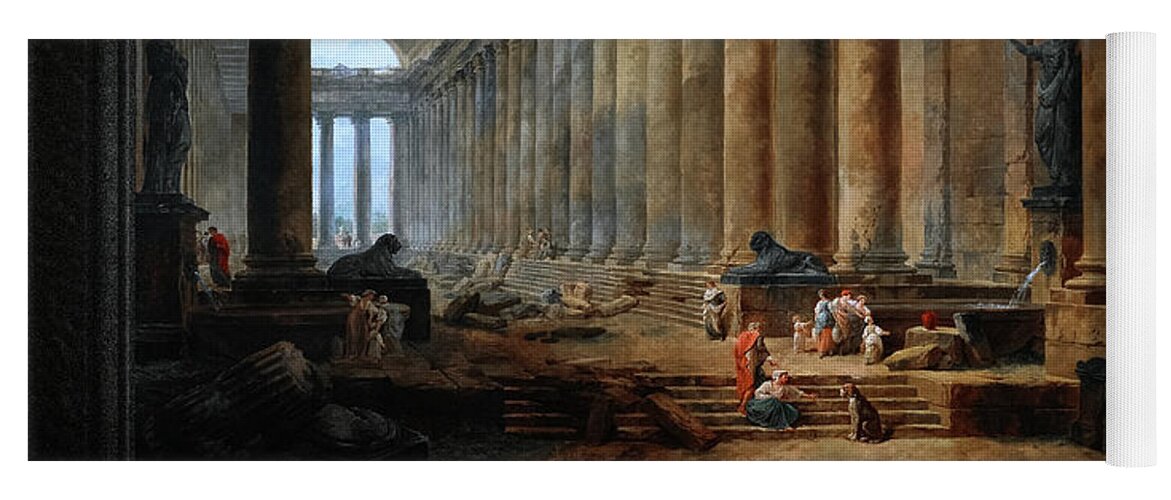 The Old Temple Yoga Mat featuring the painting The Old Temple by Hubert Robert Old Masters Fine Art Reproduction by Rolando Burbon