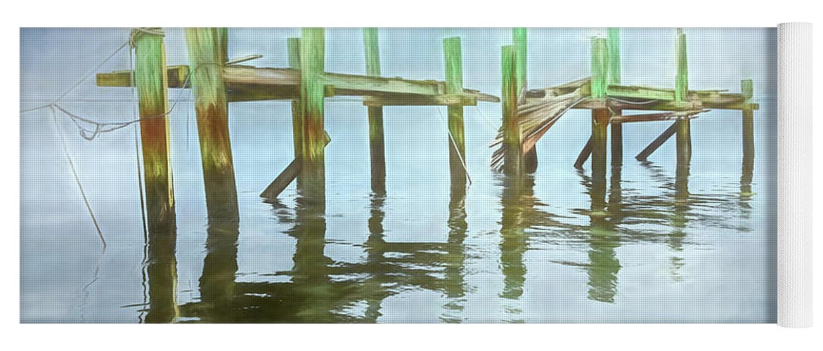 Boats Yoga Mat featuring the photograph The Old Wooden Docks in the Fog Watercolor Painting by Debra and Dave Vanderlaan