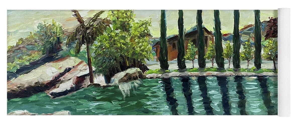Gershon Bachus Vintners Yoga Mat featuring the painting The Pond at Gershon Bachus Vintners Temecula by Roxy Rich
