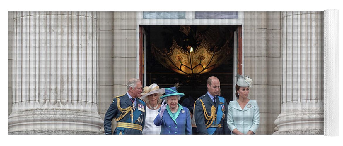 Raf Yoga Mat featuring the photograph The Queen waves at the crowds by Andrew Lalchan