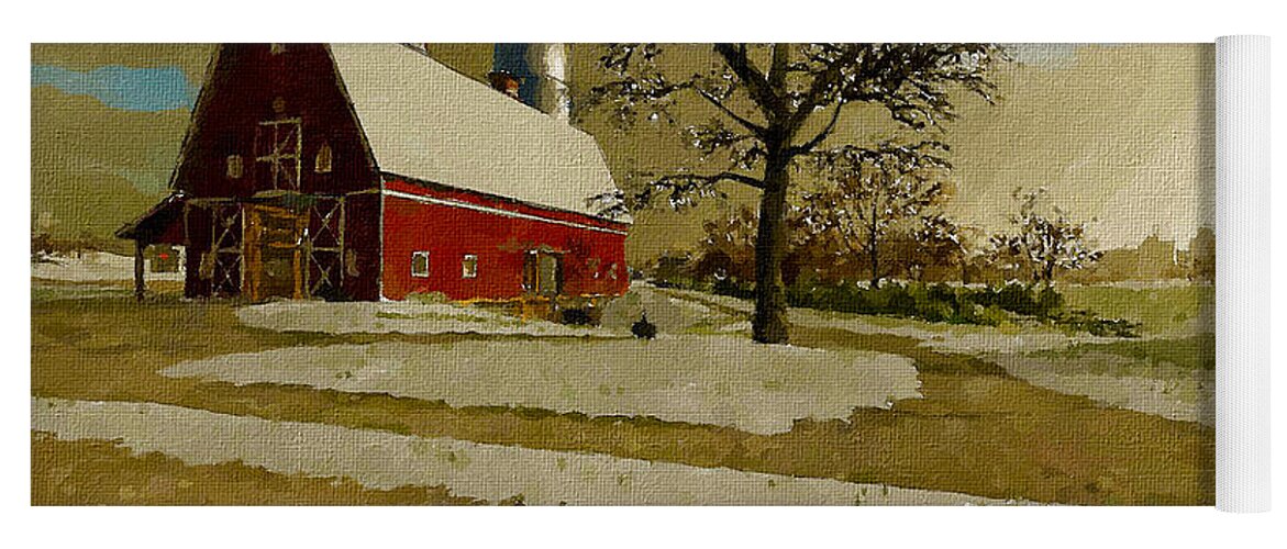 Winter Yoga Mat featuring the painting The Red Barn by Charlie Roman