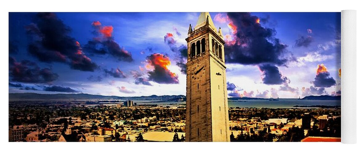 Berkeley Yoga Mat featuring the digital art The Sather Tower and a a view to Berkeley Campus, downtown Berkeley and San Francisco Bay at sunrise by Nicko Prints