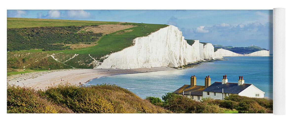 Seven Sisters Cliffs Yoga Mat featuring the photograph The Seven Sisters cliffs and coastguard cottages, South Downs, East Sussex, England by Neale And Judith Clark