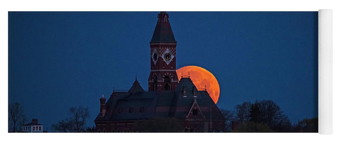 Marblehad Yoga Mat featuring the photograph The supermoon sets behind Abbot Hall in Marblehead Massachusetts by Toby McGuire