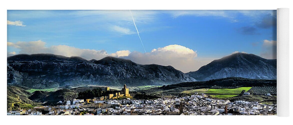 ‘la Pena De Los Enamorados' Or' Lovers Rock' Aerial View Ambiance Andalucia Andalusia Antequera Architectural Detail Architectural Heritage Calm Cityscape Community Countryside Rural Culture Europe Evening Heritage Land Landscape Malaga Province Mountain Range Mountains Mountainous Natural Phenomena Overseas Peaceful Perception Picturesque Roads Rooftop Rooftops Scenic Spain Spanish EspaÑa EspaÑol Streets Topography Transportation Transport Views Weather Yoga Mat featuring the photograph The town from Ermita de la Veracruz, Antequera, Malaga Province, Andalucia, Spain by Panoramic Images