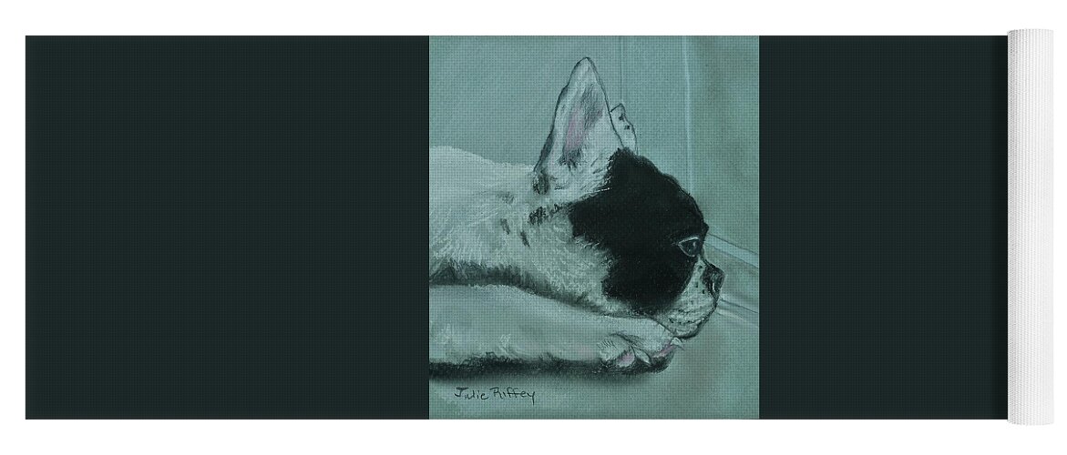 Boston Terrier Yoga Mat featuring the pastel The Wait  Boston Terrier by Julie Brugh Riffey