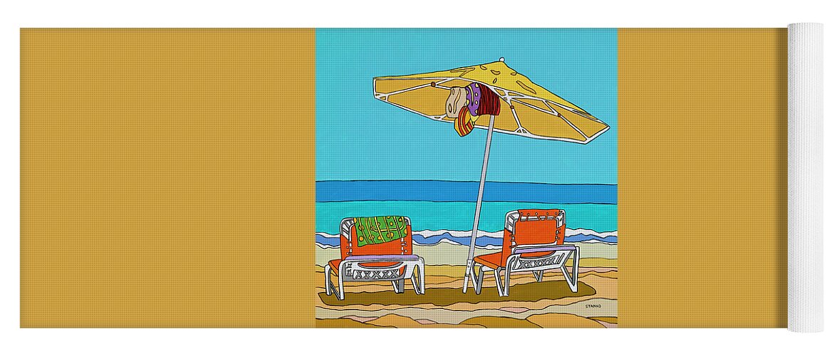 Beach Chairs Sand Ocean Water Summer Umbrella Yoga Mat featuring the painting The yellow umbrella by Mike Stanko