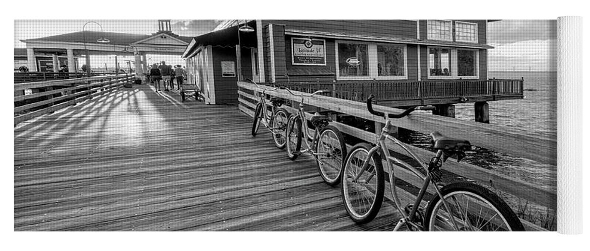Black Yoga Mat featuring the photograph Three Bicycles on the Dock Black and White Jekyll Island by Debra and Dave Vanderlaan