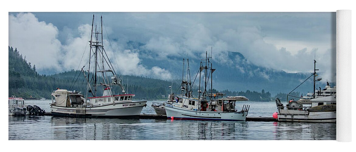 Alaska Yoga Mat featuring the photograph Three Fishing Vessels Waiting in Juneau by Marcy Wielfaert