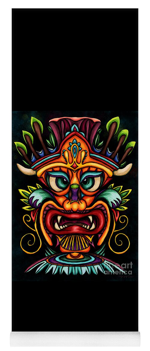 Tiki Masks Yoga Mat featuring the painting Maori tiki mask vibrant painting, Tiki totem by Nadia CHEVREL