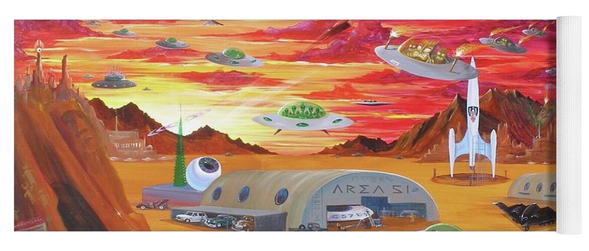Rocket 88 Yoga Mat featuring the painting Tikis and Aliens by Alan Johnson