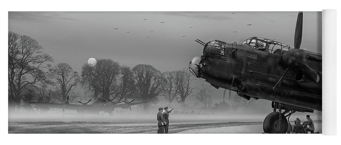Avro 638 Lancaster Yoga Mat featuring the photograph Time to go - Lancasters on dispersal BW version by Gary Eason
