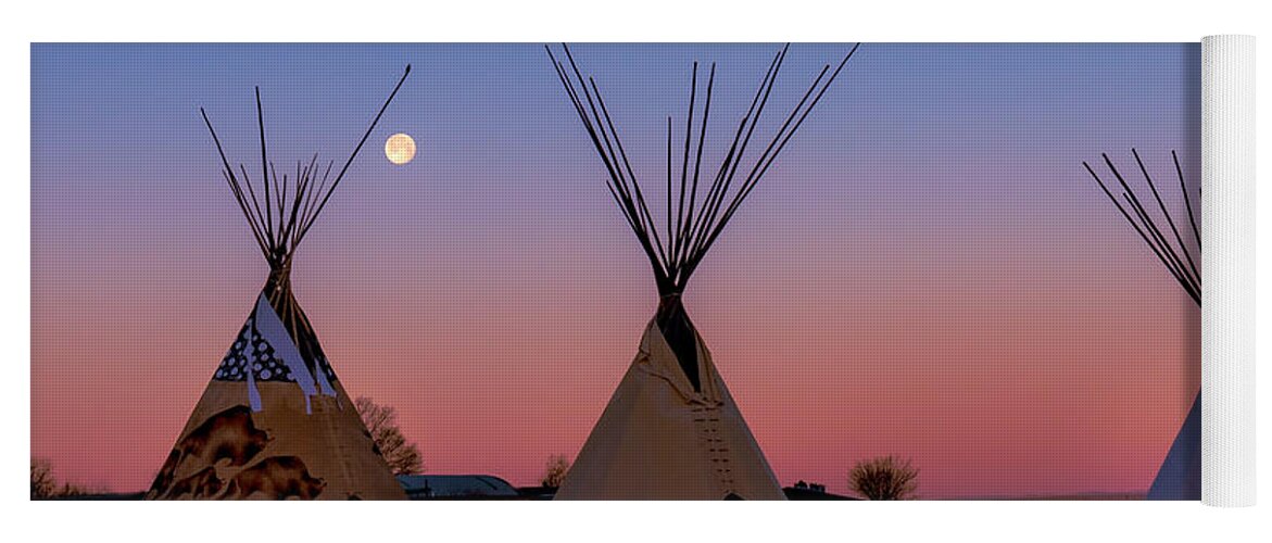 Taos Yoga Mat featuring the photograph Tipis with Morning Full Worm Moon by Elijah Rael