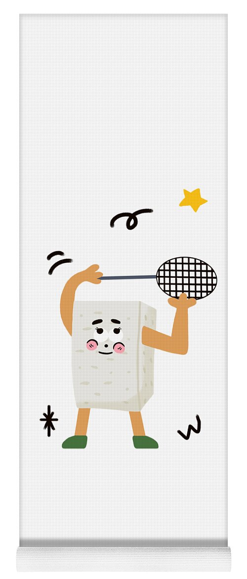 Tofu，bean Curd Yoga Mat featuring the drawing Tofu loves playing badminton by Min Fen Zhu