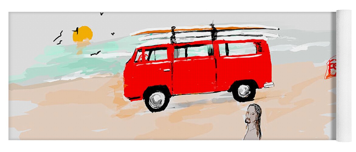 Figure. Teenager. Red Van. Volkswagen. Beach. Surfing. Yoga Mat featuring the digital art Tom with Red van at beach by Debbi Saccomanno Chan