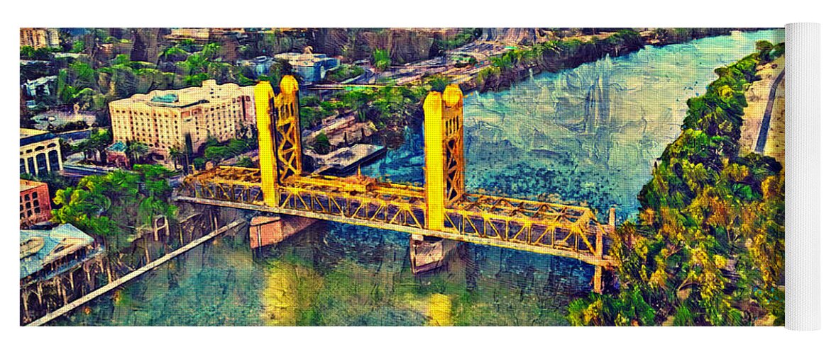 Tower Bridge Yoga Mat featuring the digital art Tower Bridge over Sacramento River - digital painting by Nicko Prints
