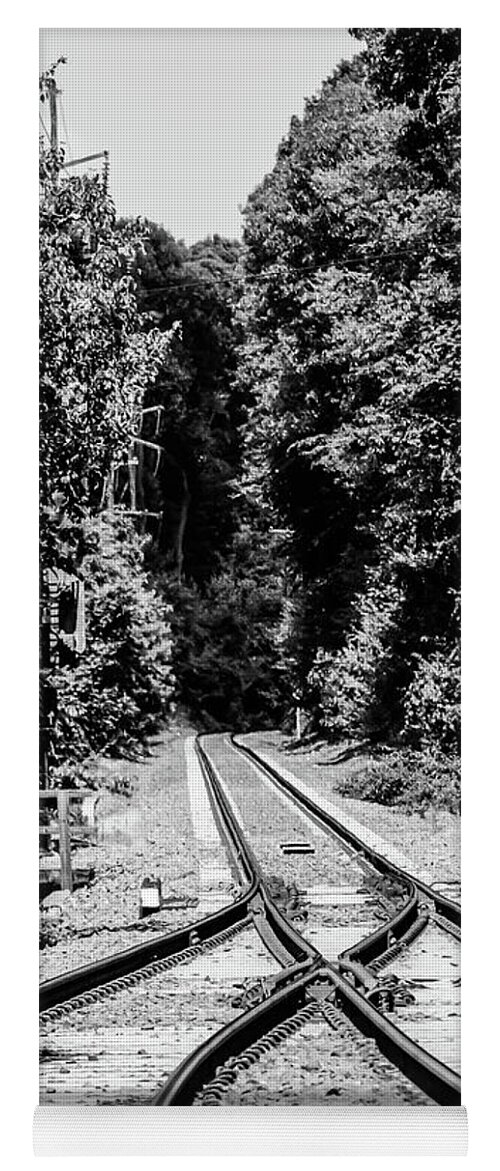Train Tracks Rr Rail Road B&w Trees Yoga Mat featuring the photograph Train Tracks1 by John Linnemeyer