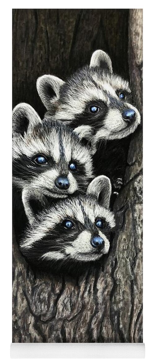 Baby Raccoons Yoga Mat featuring the pastel Tree Bandits by Marlene Little