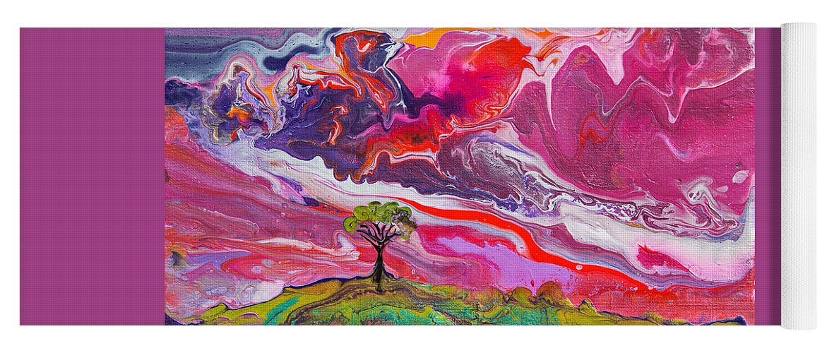 Amazing Sky Landscape Colorful Vibrant Dynamic Energetic Abstract Compelling Yoga Mat featuring the painting Tree On A Hill Amazing Sky 7626 by Priscilla Batzell Expressionist Art Studio Gallery