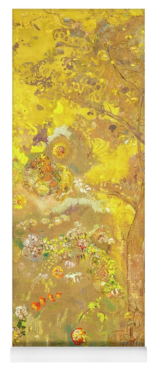 Trees On A Yellow Background Yoga Mat featuring the painting Trees On a yellow Background by Odilon Redon by Odilon Redon