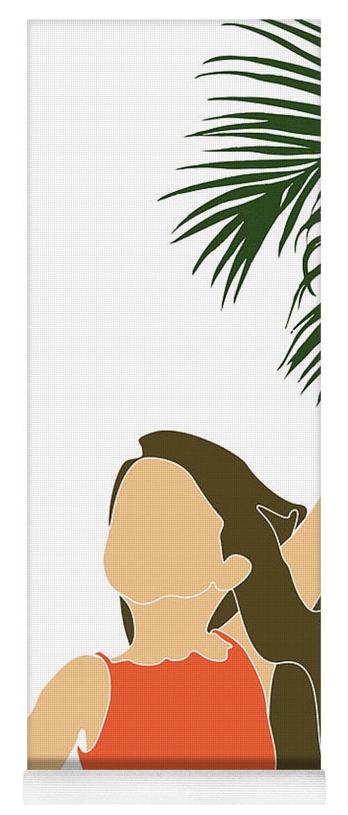 Tropical Yoga Mat featuring the mixed media Tropical Reverie 20 - Modern, Minimal Illustration - Girl and Palm Leaves - Aesthetic Tropical Vibes by Studio Grafiikka