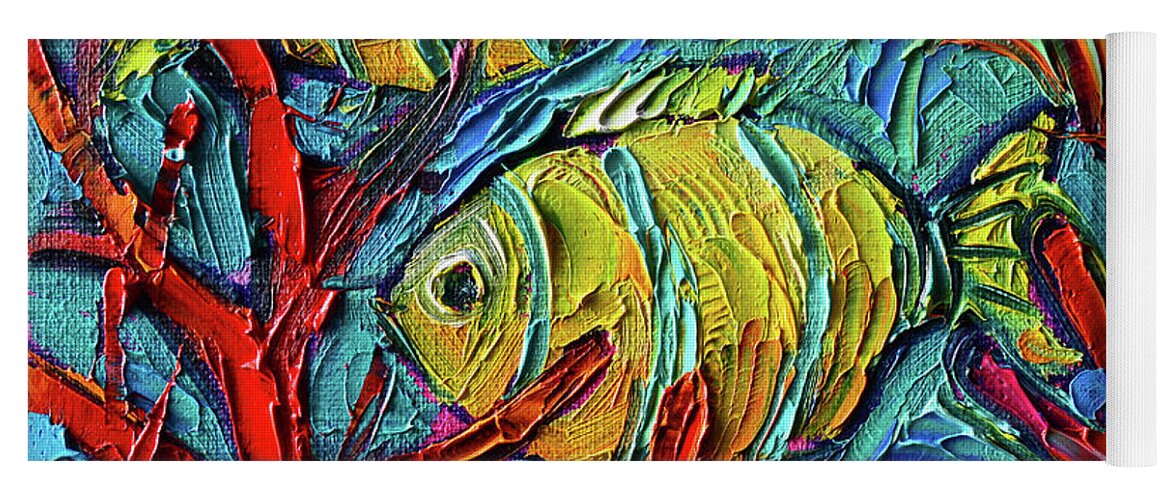 Tropical Fishes Yoga Mat featuring the painting TROPICAL YELLOW FISHES UNDERWATER palette knife oil painting Mona Edulesco by Mona Edulesco