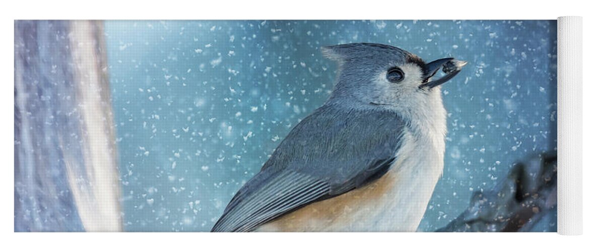 Titmouse Yoga Mat featuring the photograph Tufty Snags a Winter Snack by Bill and Linda Tiepelman