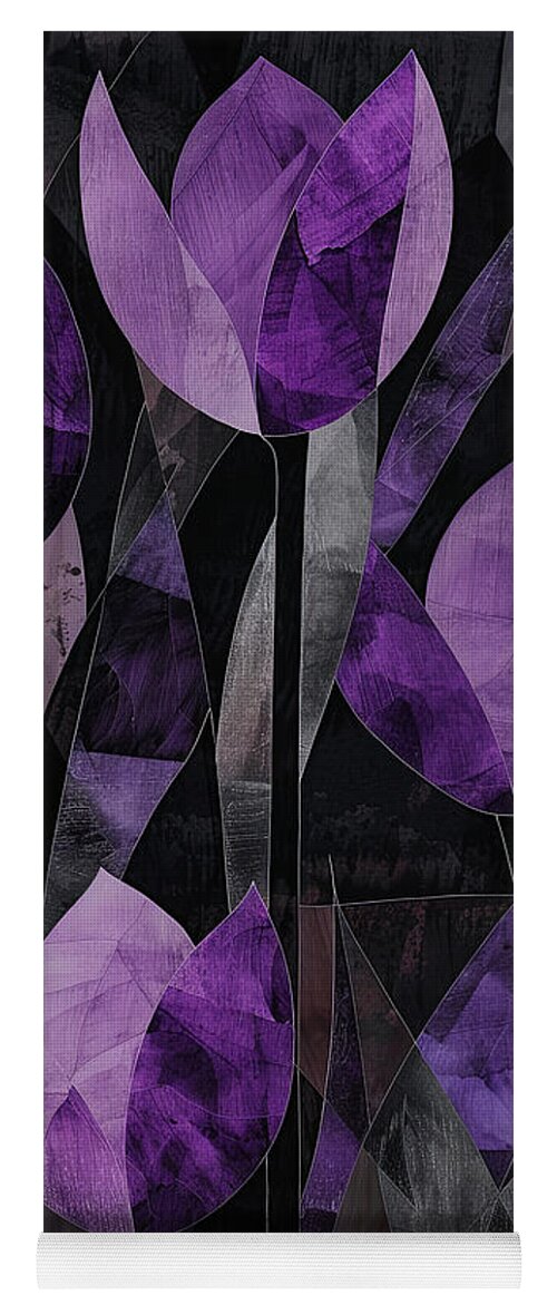 Purple Tulips Yoga Mat featuring the painting Tulip Art in Black, Gray and Purple by Lourry Legarde