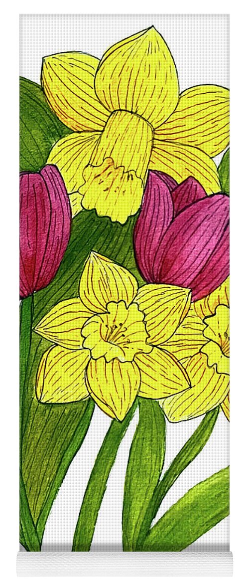 Daffodils Yoga Mat featuring the mixed media Tulips and Daffodils by Lisa Neuman