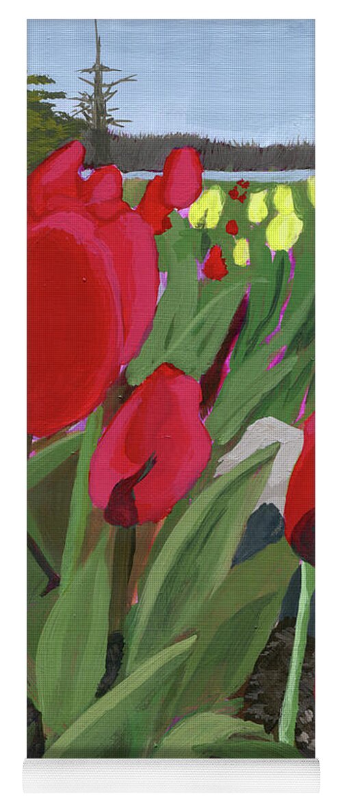 Flowers Yoga Mat featuring the painting Tulips on the Ohio River landscape painting by Jaime Haney