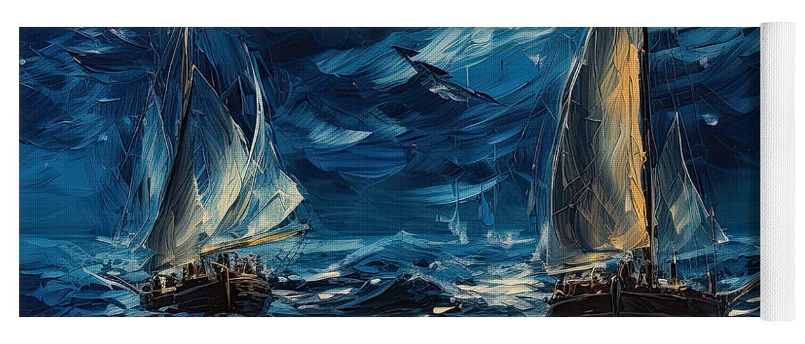 Turquoise Yoga Mat featuring the painting Turquoise Sailing - Moonlight Sailing by Lourry Legarde