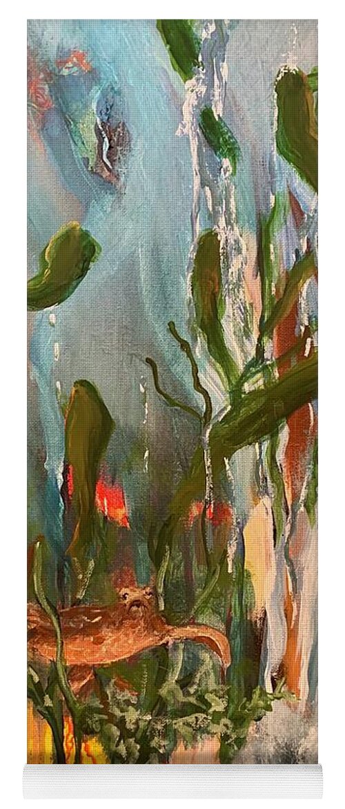 Turtle Miroslaw Chelchowski Acrylic On Canvas Painting Print Abstract Under The Sea Water Ocean Fish Weed Red Coral Wave Waterfall Yoga Mat featuring the painting Turtle by Miroslaw Chelchowski