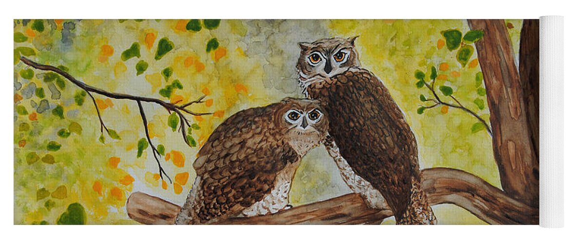 Wildlife Yoga Mat featuring the painting Twin Owls by Vallee Johnson