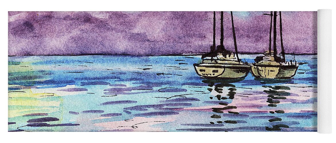 Boats Yoga Mat featuring the painting Two Sailboats Resting In The Ocean Purple Clouds Watercolor Beach Art by Irina Sztukowski