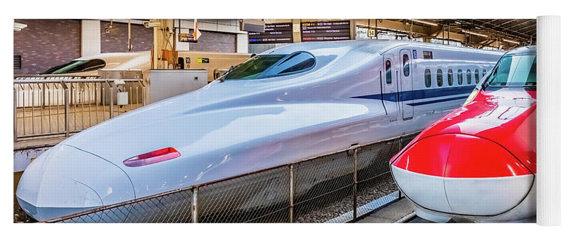 Shinkansen Yoga Mat featuring the photograph Two Shinkansen at the Tokyo Station by Lyl Dil Creations
